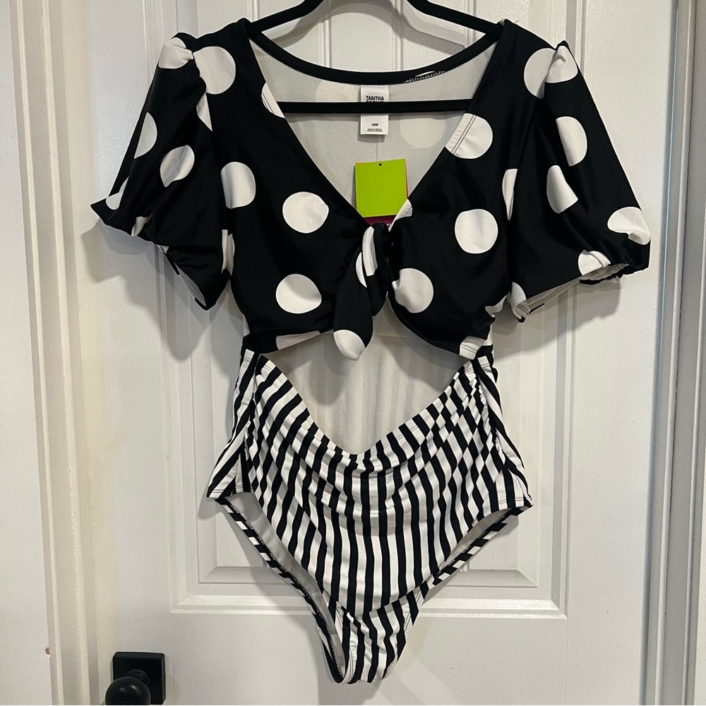 Tabitha Brown Black White Stripes Polka Dots One‎ Piece Swimsuit. Size 16W. NWT.